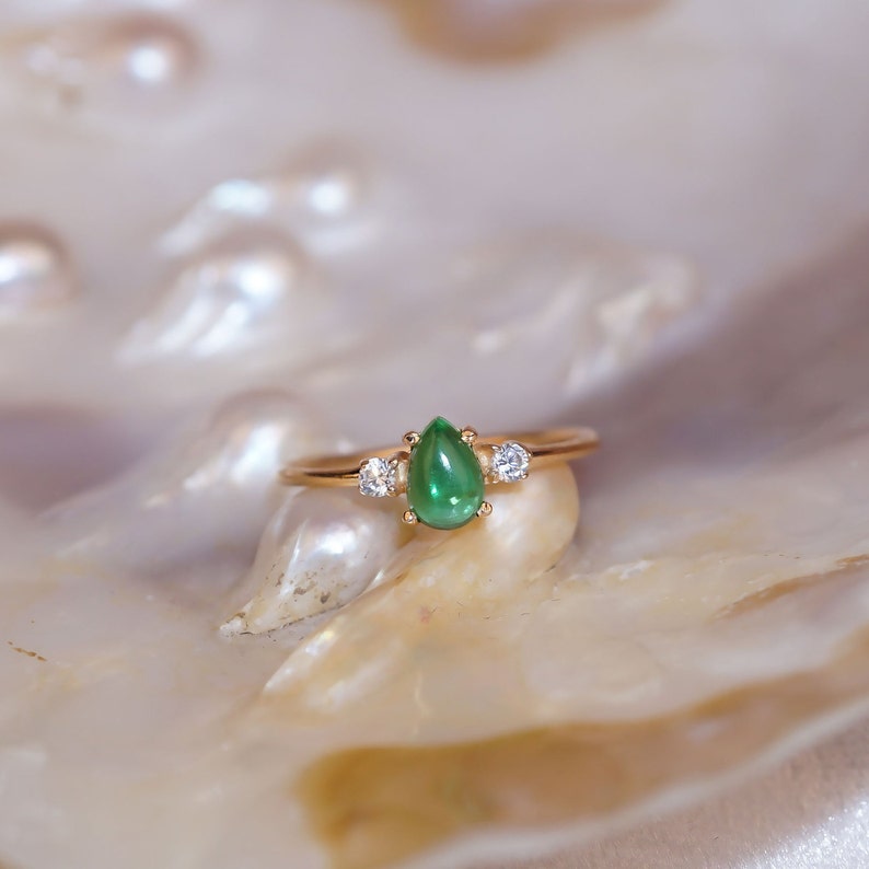 Pear Emerald Ring / 14K Gold Emerald and Diamond Birthstone Ring / Emerald Jewelry / Gift for Her / May Birthstone Ring / Wedding Ring image 2