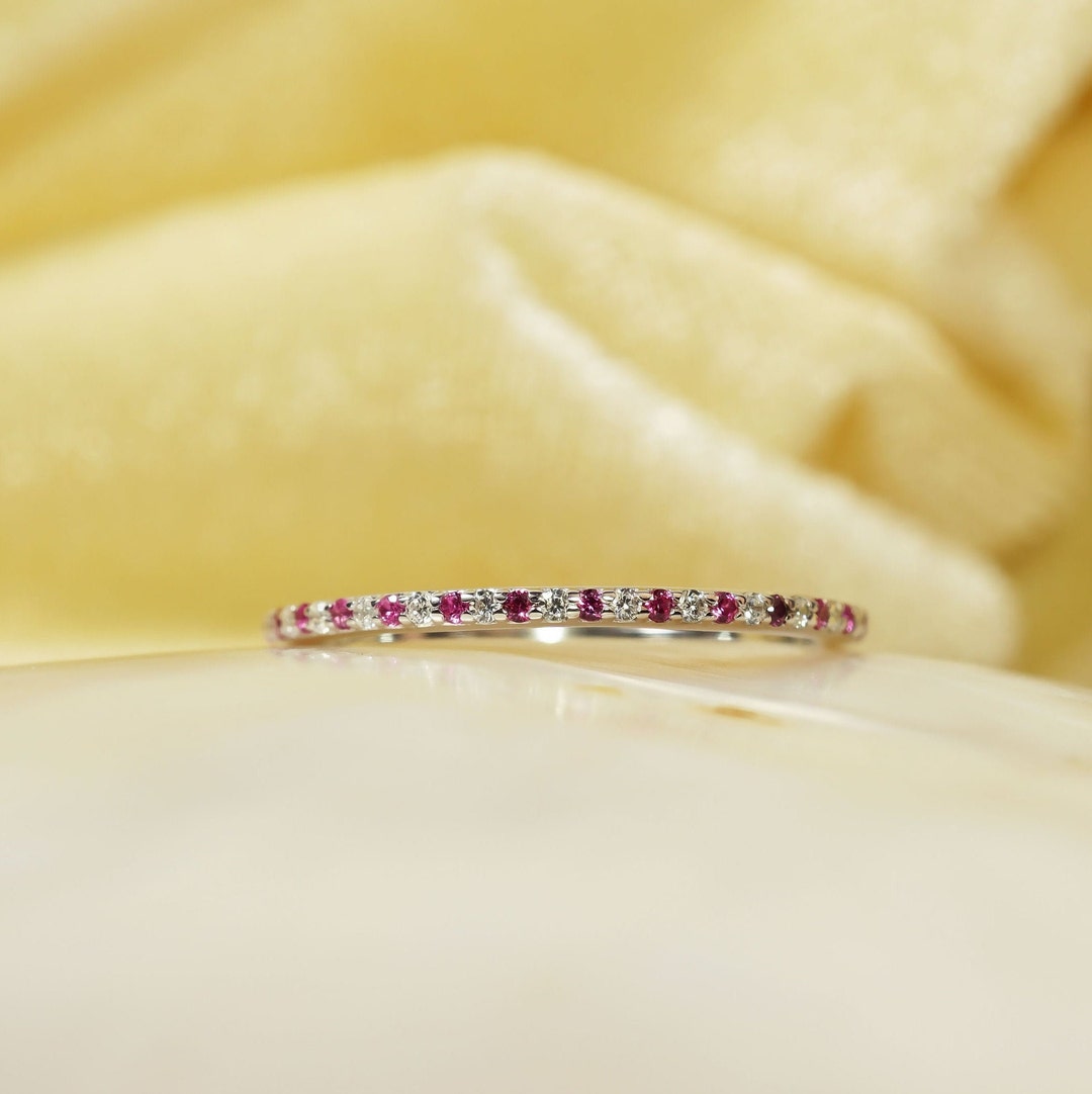 Ruby and Diamond Eternity Band / 14k White Gold Micro Pave Diamond and ...