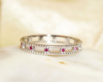 14k Gold Art Deco Ruby Wedding Ring / Stackable Ruby Ring / Solid Gold Ring / Wedding Ring/ Ruby Engagement Band / Ruby Band / Round Band