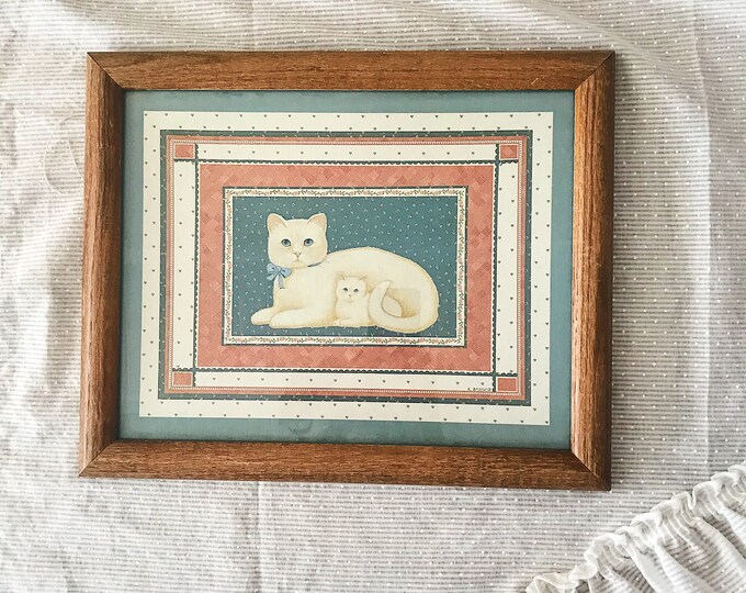 Vintage Framed Cat Art / Wood Framed Cat Picture / E. Brownd Framed