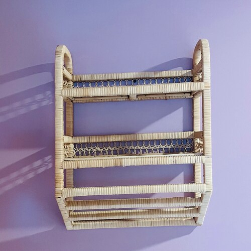 Vintage Rattan Wicker Hanging Shelf shops / Wall Rattan Shelving with Towel Rack