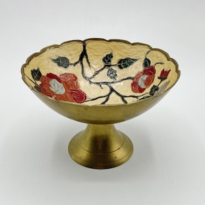 Vintage Penco Brass Pedestal Bowl Hand Painted Floral
