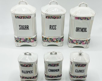 Vintage Floral Kitchen Canister Set / Czechoslovakia Concordia 6 Piece Jar Set