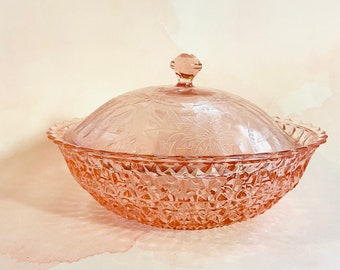 Różowa szklana miska w stylu vintage z pokrywką / Różowa szklana miseczka na cukierki