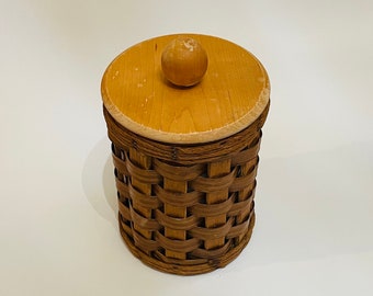 Vintage Wood and Wicker Container / Boho Rattan Storage Container