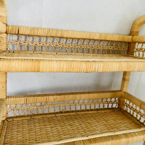 Vintage Rattan Wicker Hanging Shelf shops / Wall Rattan Shelving with Towel Rack