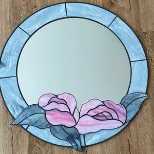 Large Stained Glass Flower Round Mirror / Vintage Wall Mirror image 1