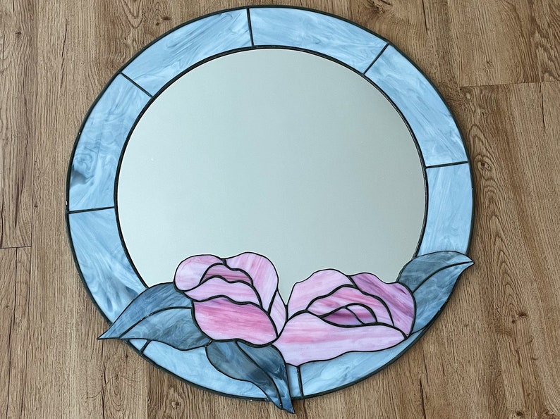 Large Stained Glass Flower Round Mirror / Vintage Wall Mirror image 1