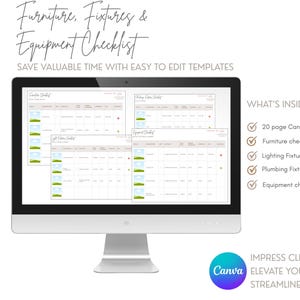 May include: A computer monitor displays a checklist template for interior designers. The screen shows a furniture, fixtures, and equipment checklist. Text includes "Furniture, Fixtures & Equipment Checklist" and "Save valuable time with easy to edit templates."