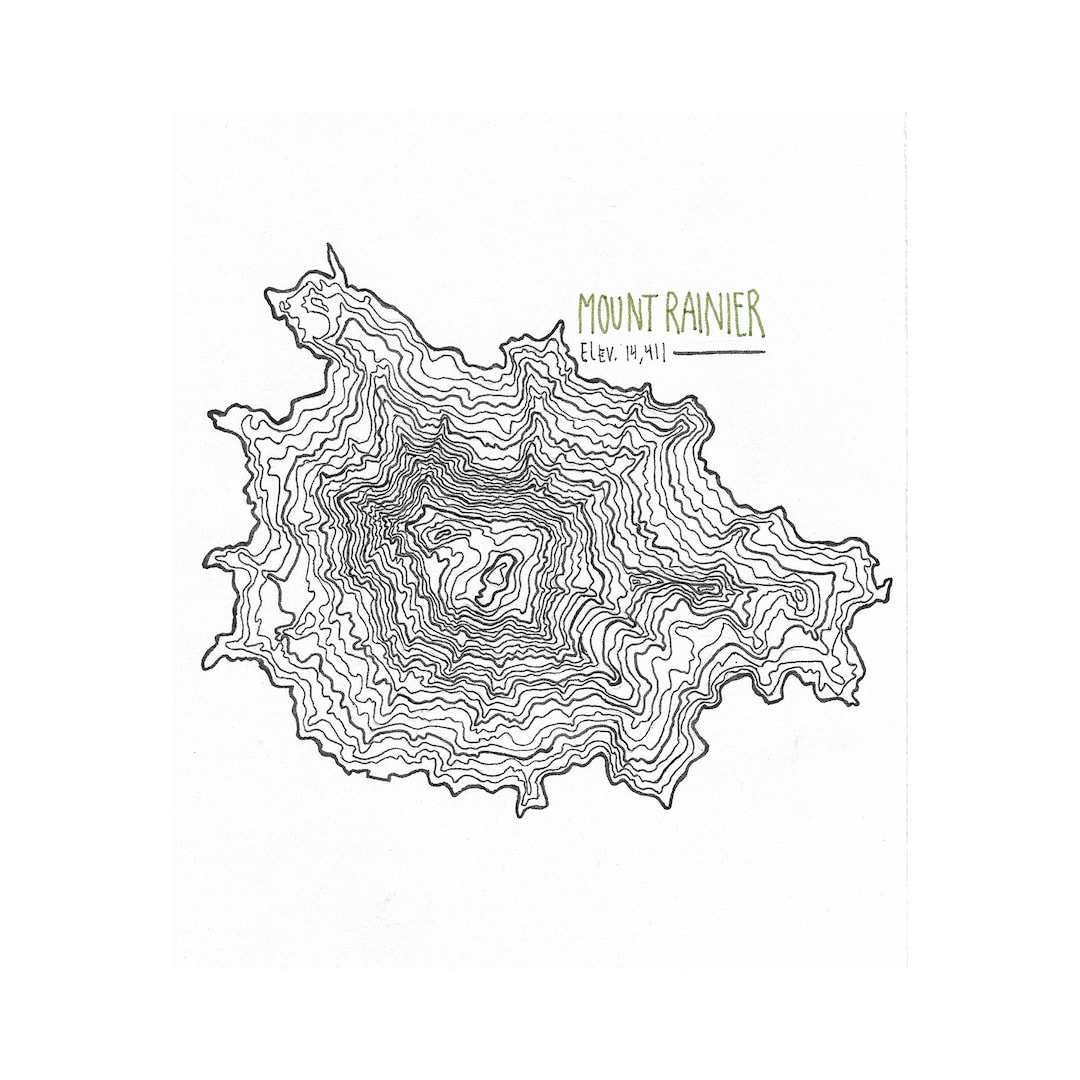 Mt. Rainier Print Topography Maps Map Art Nature Mountains Pen Drawing Hand-drawn Drawing Print ...