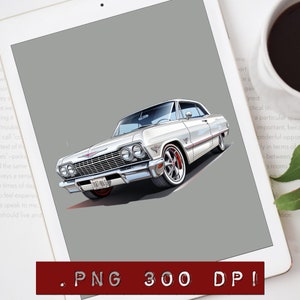 White Chevy Impala Clipart design, lowrider png for shirts, drinkware, posters