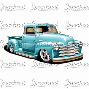 May include: A stylized illustration of a vintage light blue Chevrolet pickup truck. The truck features chrome accents, a lowered suspension, and custom wheels. The word "Spearhead" is repeated in a script font around the truck.