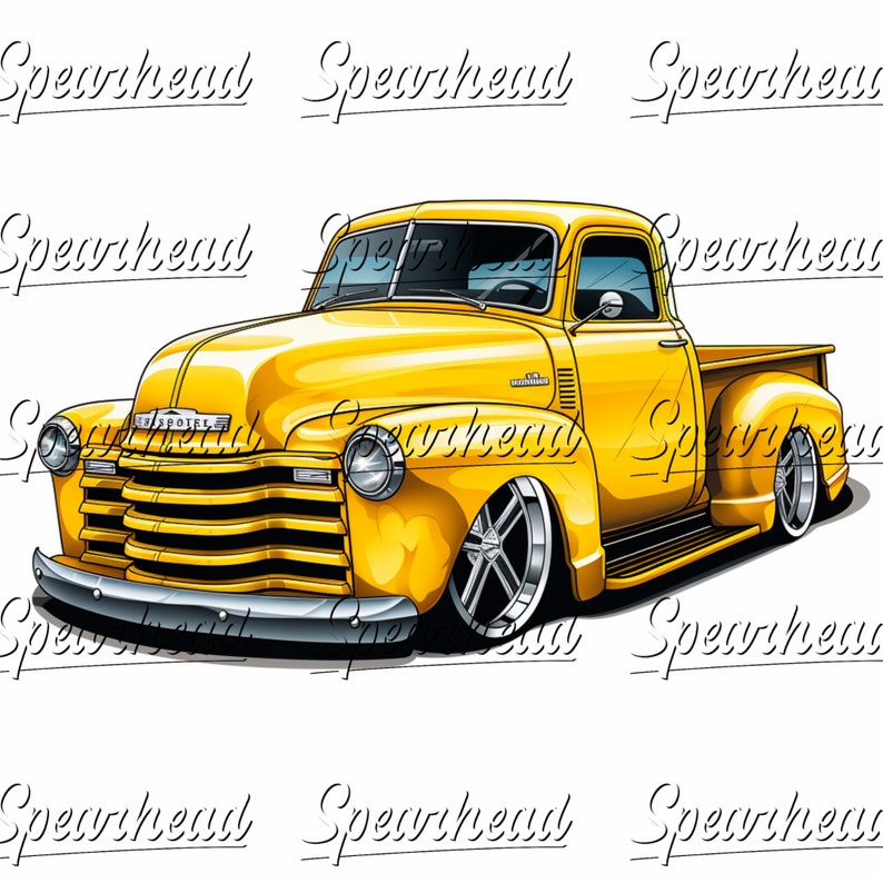 May include: A vibrant yellow vintage Chevrolet pickup truck illustration. The truck features a lowered suspension, chrome wheels, and a detailed front grille. The word "Chevrolet" is visible on the hood. The image has a cartoon-like style.