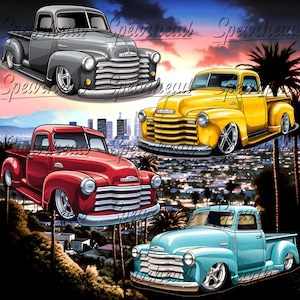 Classic Chevy 3100 Pickup Truck Clipart Bundle - 4 AI-Designed Lowrider Truck Illustrations for Vintage Vehicle Enthusiasts