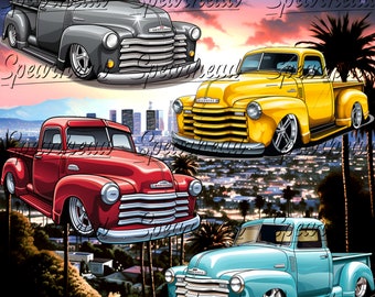 May include: Four classic Chevrolet pickup trucks in gray, yellow, red, and teal, each with custom wheels and lowered suspension. The trucks are set against a backdrop of a city skyline and palm trees, with a sunset sky.