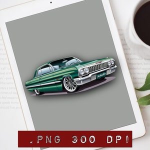 Emerald green Chevy Impala Clipart, lowrider png artwork, Chevy Impala design for shirt, picture, mug