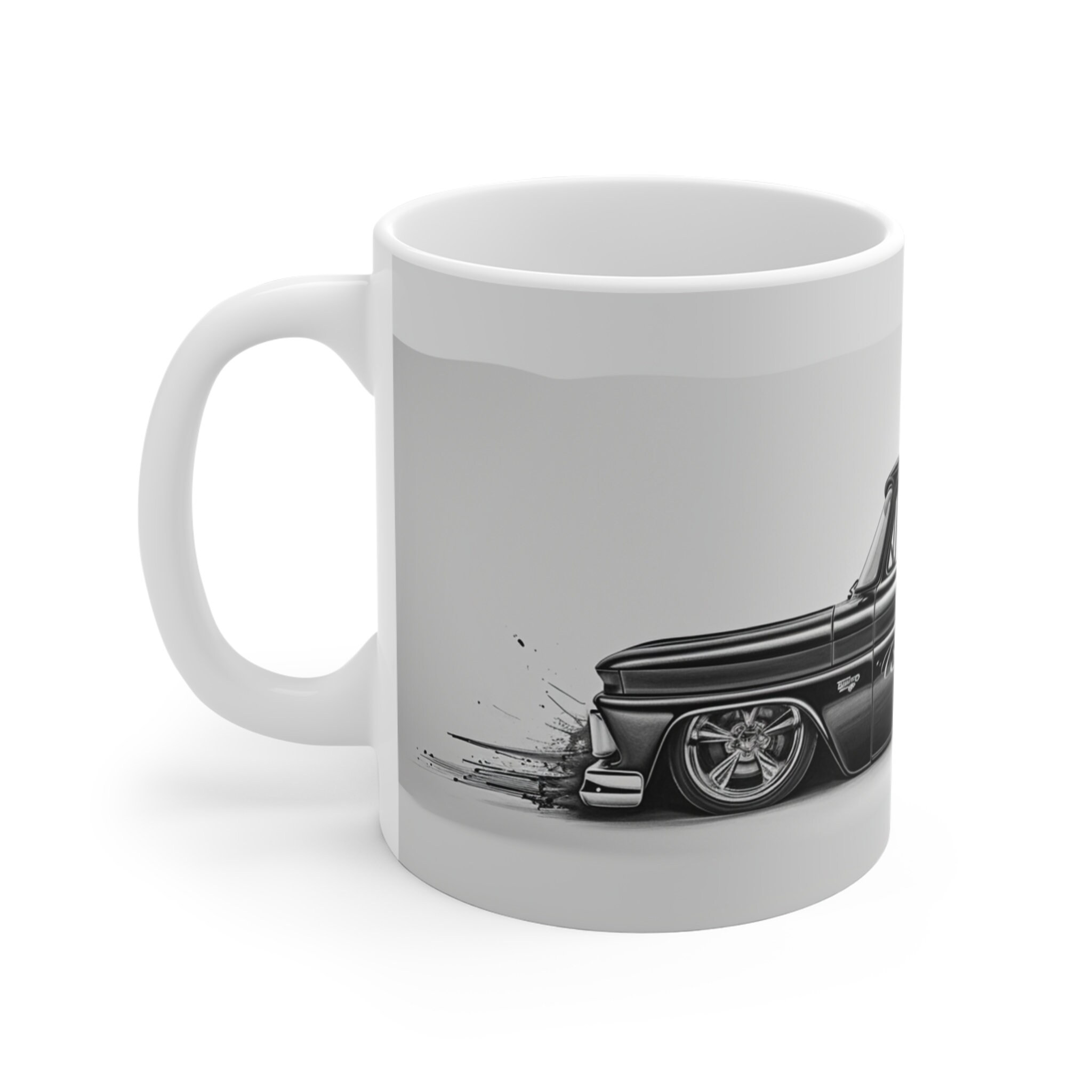 Chevy C10 Lowrider Art Mug Classic Car Enthusiast Coffee Cup, Photorealistic Graphite Design