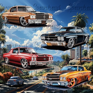 Zestaw 4 klasycznych El Camino lowrider png clipart, projekty na ubrania do napojów i zdjęcia
