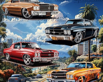 Bundle of 4 classic El Camino lowrider png clipart, designs for drinkware apparel and pictures