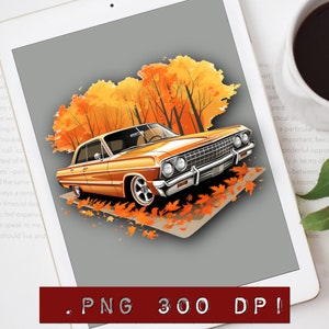 Orange Chevy Impala with autumn background Clipart, lowrider artwork for shirts, cool Impala .png design
