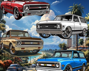 Chevy K5 Blazer Lowrider Clipart Bundle - 4 AI-Designed Vintage SUV Illustrations for Enthusiasts