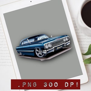 Deep blue Chevy Impala Clipart, Lowrider png design, Impala design artwork for apparel, drink ware, posters