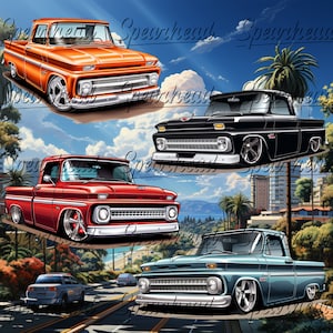 Classic Chevy C10 Pickup Clipart Bundle - 4 Lowrider PNGs for Apparel, Drinkware, Screensavers