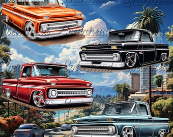 Classic Chevy C10 Pickup Clipart Bundle - 4 Lowrider PNGs for Apparel, Drinkware, Screensavers
