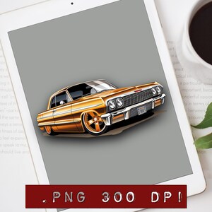 Metallic gold Chevy Impala Clipart, lowrider png design, Chevy Impala art for shirt, picture, cup