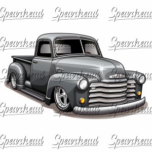 May include: A grayscale illustration of a classic Chevrolet pickup truck. The truck features a lowered suspension, chrome accents, and a detailed front grille. The image has a vintage, stylized aesthetic, with the word "Spearhead" repeated in a script font.