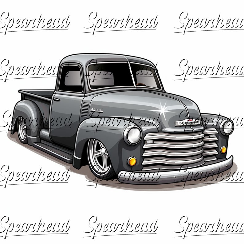May include: A grayscale illustration of a classic Chevrolet pickup truck. The truck features a lowered suspension, chrome accents, and a detailed front grille. The image has a vintage, stylized aesthetic, with the word "Spearhead" repeated in a script font.