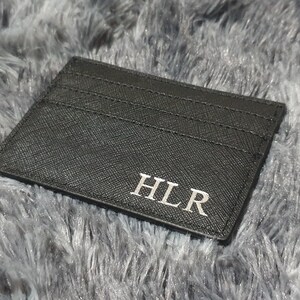 Personalised Card Holder | Monogram Initial Saffiano Leather Wallet | Custom Money Clip | Black