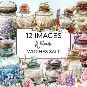 May include: Twelve watercolour illustrations of glass jars filled with various types of salt, labelled "12 IMAGES Watercolor WITCHES SALT".