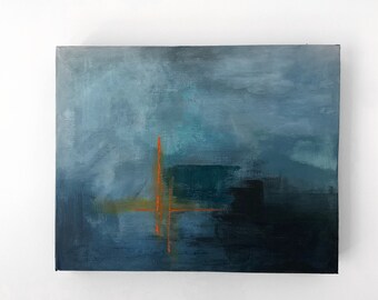 Blue Abstract Acrylic Painting, Modern Minimalist Wall Art (24x30cm)