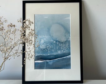 Original Abstract Seascape Painting, Minimal Coastal Art in Blue Tones, Framed & Ready to Hang, Wall Art, A3