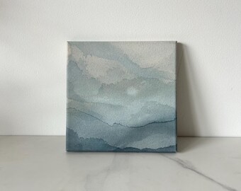 Original Abstract Mini Painting, Nordic Mountain Landscape, Blue Wall Art Painting, 8 x 8 inch Canvas Painting, Serene Art, Abstract Art