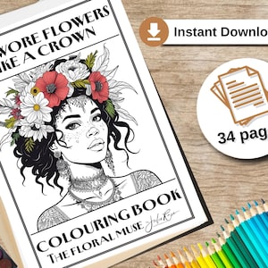 34 Kobiety w wiankach z kwiatów - Natychmiastowe pobranie pliku PDF - Kolorowanka cyfrowa - 34 strony - Seria Floral Muse - Kolorowanka do druku dla dorosłych i nastolatków