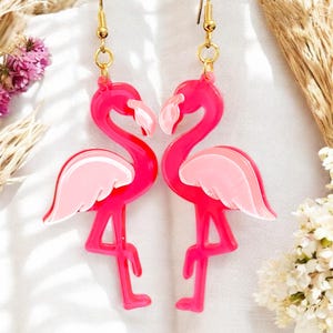 Pink Flamingo Dangle Earrings Fun Statement Jewelry Tropical Bird Gift for her Handmade Kitsch drop Earrings bright bold jewellery