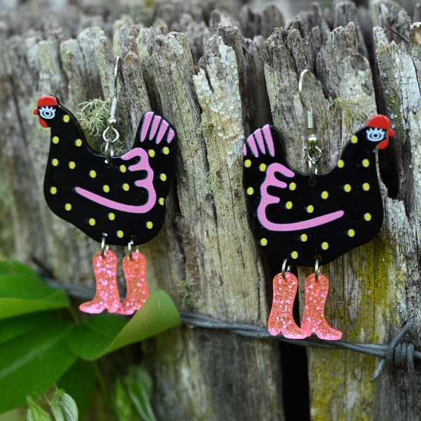 Chicken Earrings - Cowboy chickens in boots - Polkadot chickens - Black and pink dangle earrings