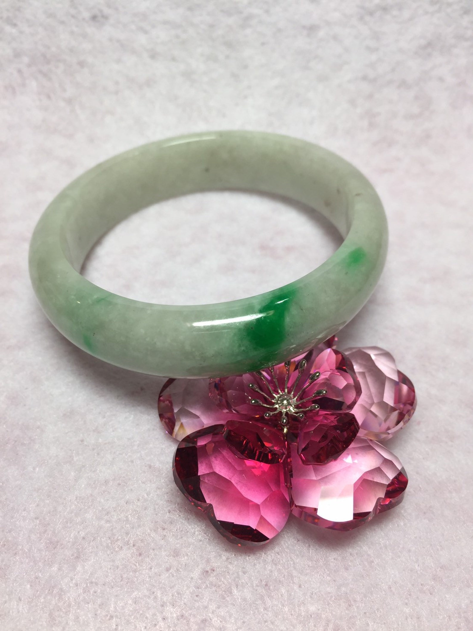 52mm Vintage 100 Natural Jadeite Jade Bracelet White and Emerald Green