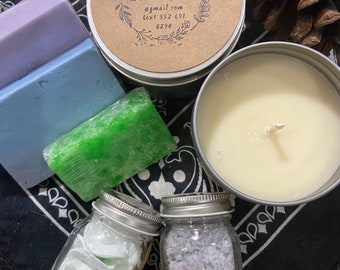 NEW- Wonderful gift basket including lavendar goat milk soap, bath salts, body scrub, and Ocean Breeze candle.  All handmade here. SALE!!