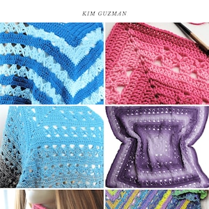 May include: The Lunar Collection crochet patterns by Kim Guzman. The patterns feature a variety of colors and designs, including a blue and white chevron pattern, a pink and white square pattern, a blue and white diamond pattern, a purple and white square pattern, a pink cowl, and a multi-colored chevron pattern.