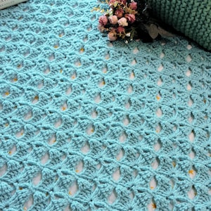 May include: A light blue crocheted blanket with a delicate openwork pattern. The blanket is made with a soft, fluffy yarn and has a subtle sheen.