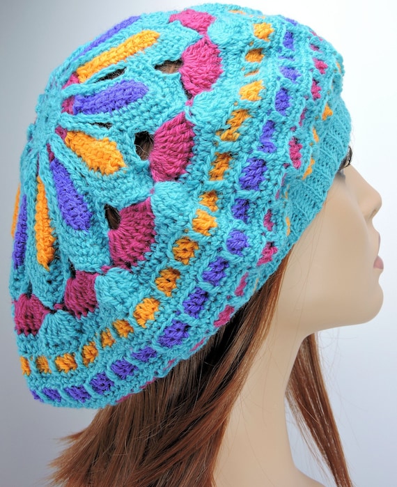 Mandala Crochet Beret Pattern: Turquoise Slouchy Beanie (PDF)