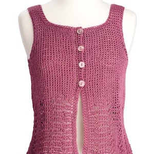 May include: A sleeveless knitted top with a button-up front. The top is a light pink color and has a scalloped hem.