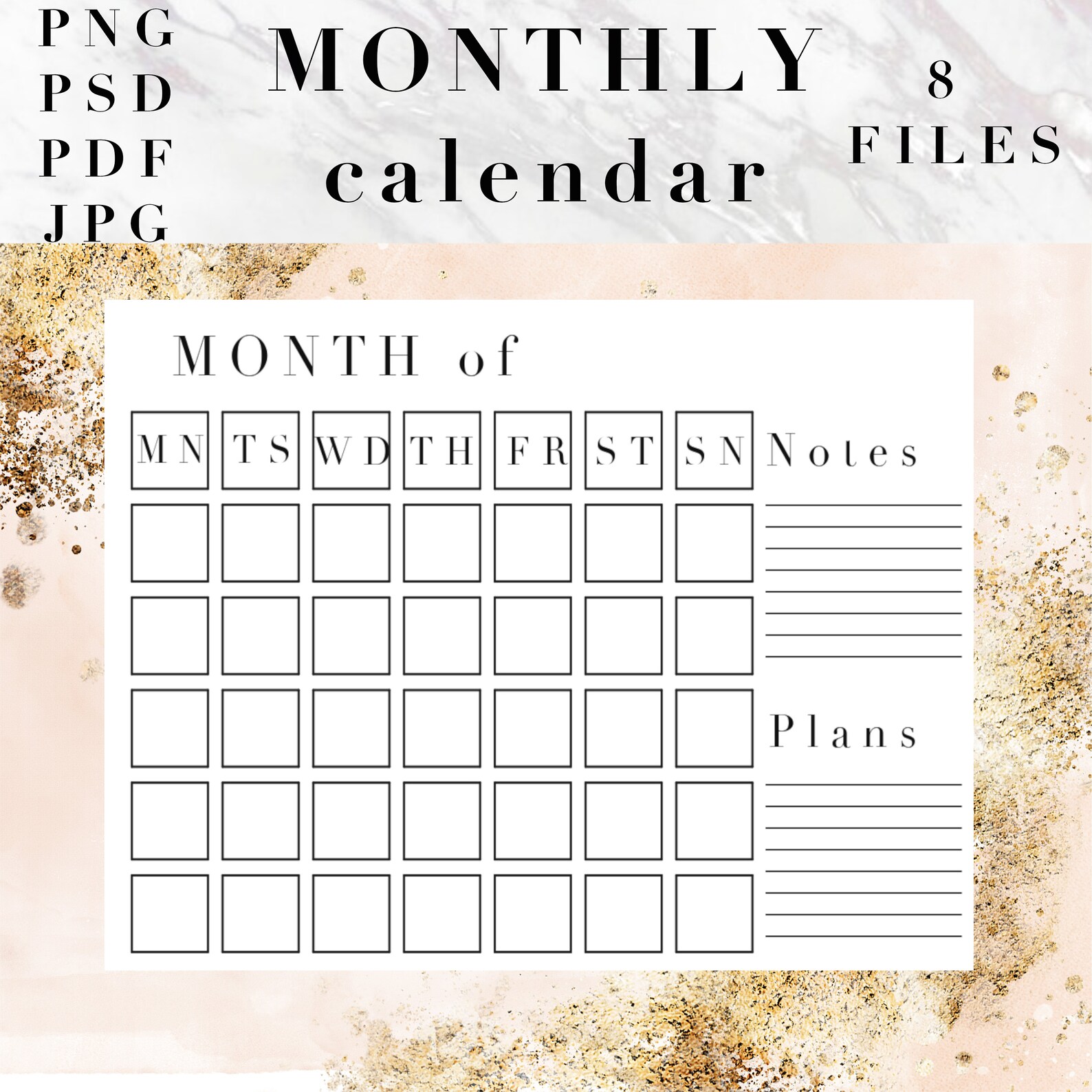Blank Calendar with notes & plans month Of PNG PSD jpg PDF Etsy