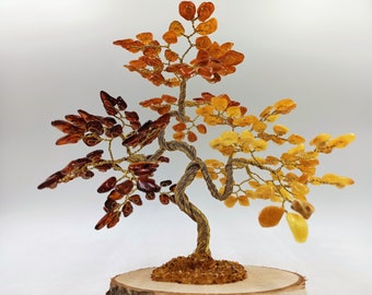 Baltic Amber Tree of Life Sculpture: Handmade Bonsai, 210 Natural Stones