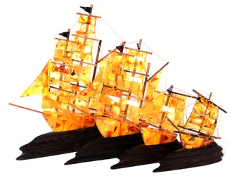 Handmade Baltic Amber Ship on Wood: Sea Vessel Decoration