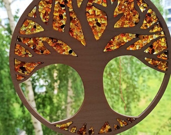Amber Tree of Life Window Hanging: Wood Mandala Decor