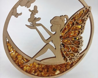 Amber Vitrage   Fairy Souvenir Window Decoration mandala Angel Natural Amber stones Embroidery
